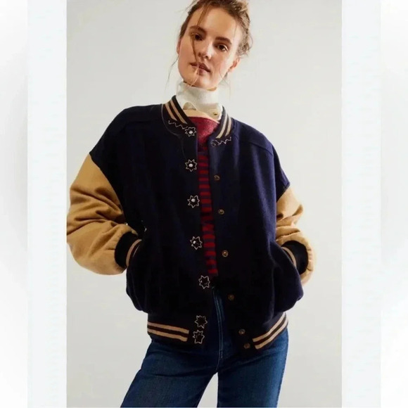 NWT Free People Home Run Varsity Bomber Jacket Embroidered Button Down Wool - Picture 1 of 16